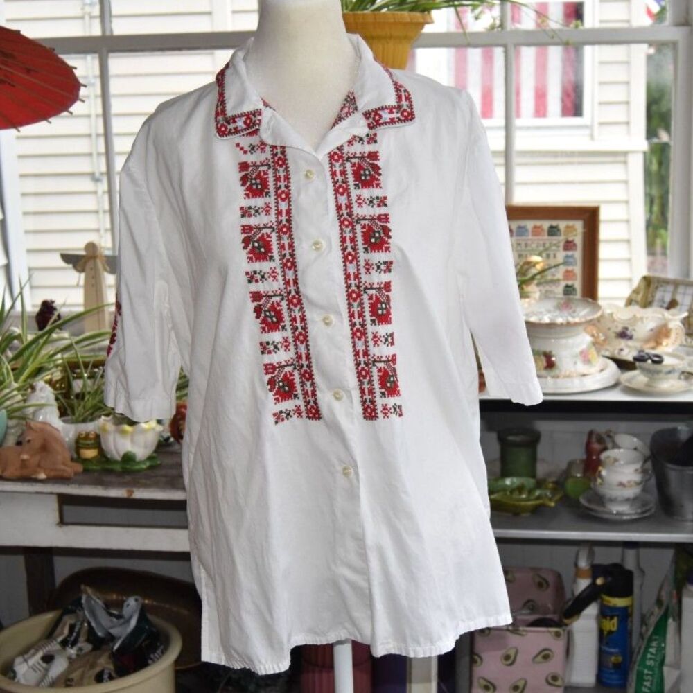 Vintage 70s Hand Embroidered Folk Blouse White Cotton Boho Peasant Top L